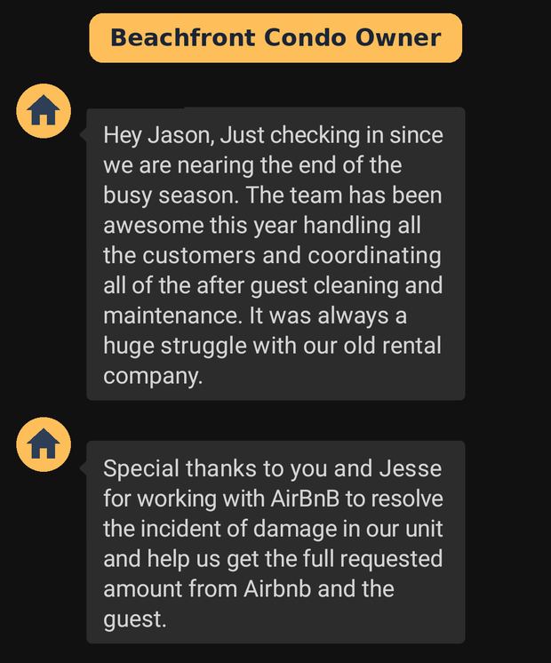 Beachfront condo owner: team was awesome this season; recovered full damage claim from Airbnb